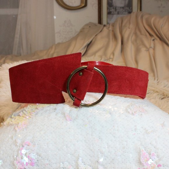 Vintage Fire Engine Red Asymmetrical Suede Genuine Leather Belt 25\